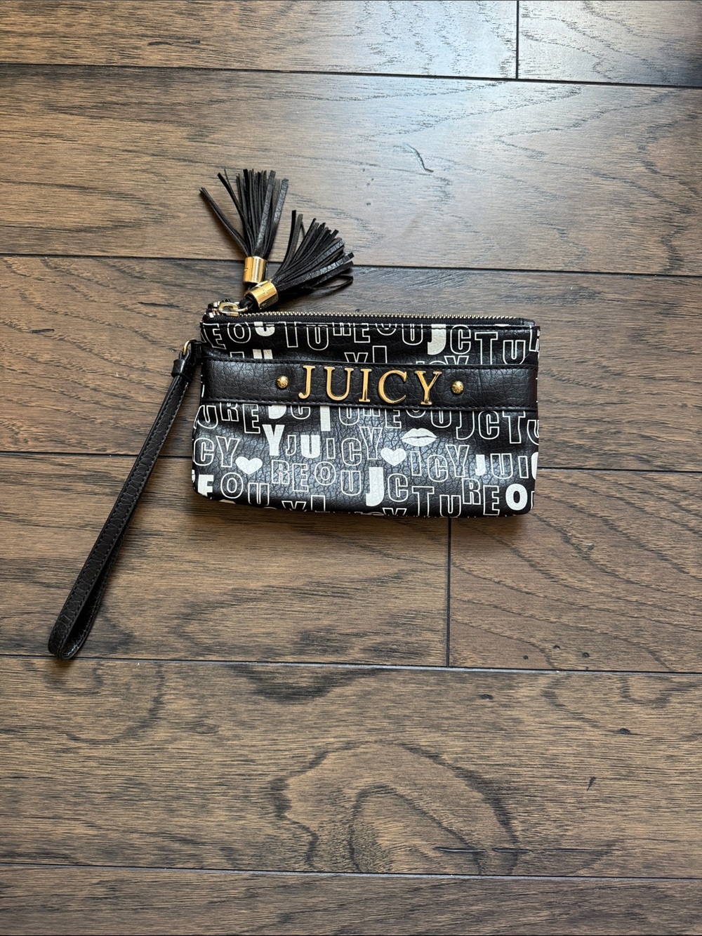 Juicy Couture Black and Gold Logo Wristlet with Tassel